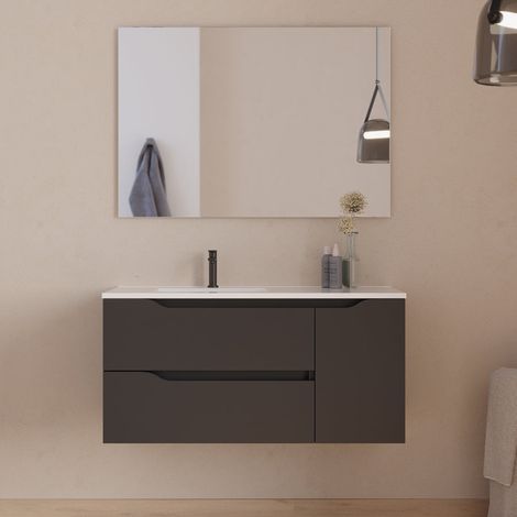 Meuble de salle de bain 100cm avec vasque déportée à gauche et miroir - 2 tiroirs et un placard - noir - ZARZA