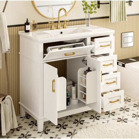 Meuble de salle de bain avec lavabo en céramique intégré 91 x 46,5 x 86,4 cm blanc HAVRYA (1/5)