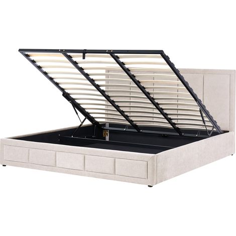 Cama con almacenaje minimalista cabecero tapizado de chenilla base elevable somier de láminas diseño acolchado gris pardo 180 x 200 cm Quiberon