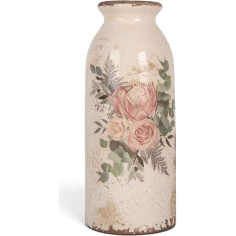 Vase Soliflore Floral Vintage en Céramique Beige et Rose 8x20cm (1/4)