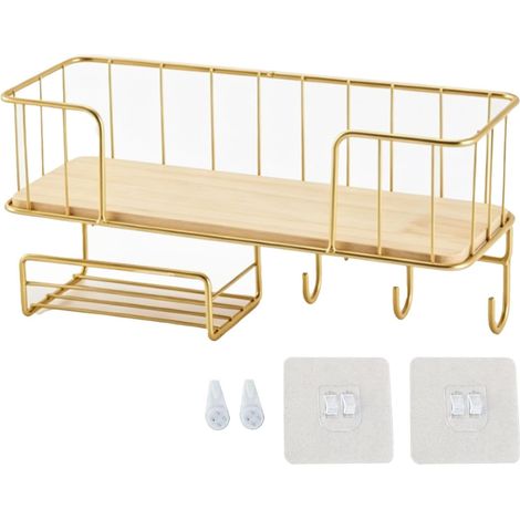 Étagère Murale en Fer Robuste et Bois Massif, Support de Rangement Mural avec Crochets, 35 X 13 X 16 Cm, Présentoir Peu Encombrant pour Salle de Bain, Chambre à Coucher, Salon (Gold) (1/5)