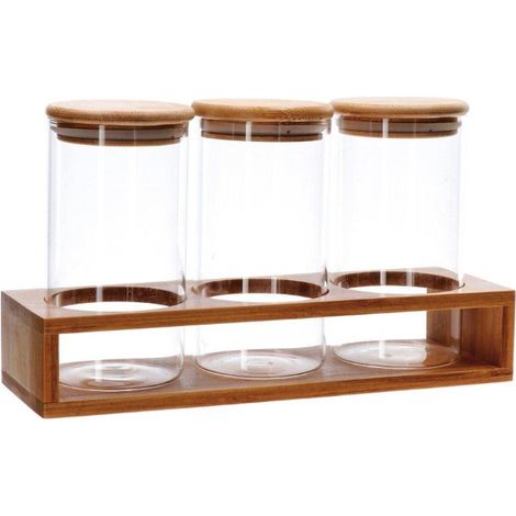 Set 3 Barattoli in Vetro con Base in Legno linea Boros 29x10x17 cm
