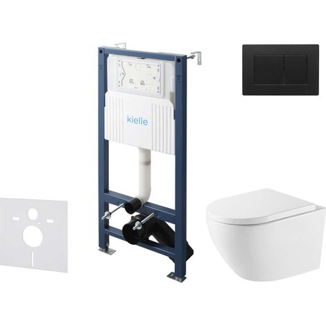 kielle Genesis New - Conjunto de instalación empotrada, inodoro Oudee, Vortex Rimless+, asiento softclose y pulsador Gemini New III, negro mate 30528SS72