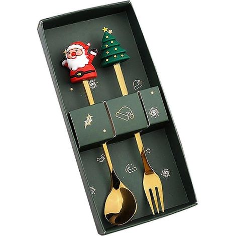 Ensemble de cuillères et fourchettes de Noël, cuillères à dessert, décorations de Noël, couverts de table multifonctionnels pour milkshakes-Santa and round tree
