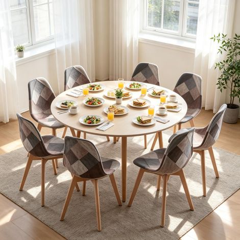 Set de 8 sillas de comedor patchwork multicolor de tela y madera (1/5)