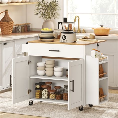 Isla de cocina con ruedas y tablero abatible, 120 x 68 x 85 cm, blanco OKMYHOME (1/5)