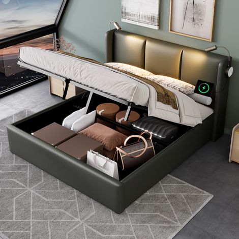 Bett Polsterbett 140x200 cm grau PU, Bettkasten mit Hydraulik, Kopfteil mit Leselicht und USB (1/5)