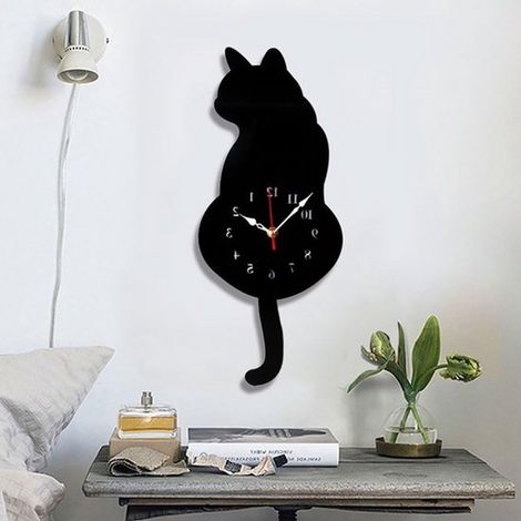 Horloge murale en acrylique avec chat qui remue la queue, idéale pour le salon, la chambre et la cuisine - (42 cm x 18 cm) Noir (1/5)