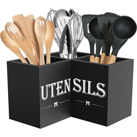 Range-Ustensiles Bois - 3 Compartiments - Design Triangle - Pour Coin Comptoir Cuisine - Noir - 24x24x16 cm (1/5)