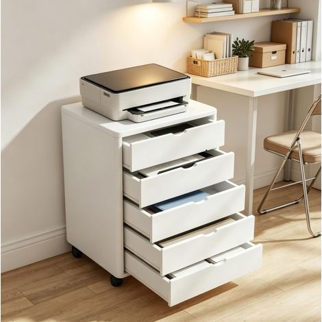 Büro-Rollcontainer mit 5 Schubladen und Rollen, 50 x 40 x 67,5 cm, Weiß OKMYHOME (1/5)