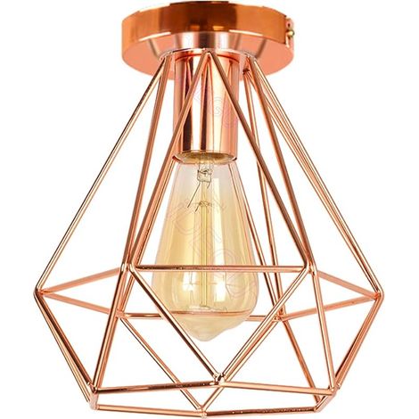 Plafonnier Vintage, Ø200mm Métal Cage Lustre Industriel Suspension Forme Diamant Rétro Luminaire E27 Lampe de Plafond pour Chambre Café Bar Restaurent Cuisine, Or Rose (Or Rose) (1/5)