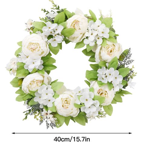 Couronne décorative en fleurs de pivoine en soie artificielle, blanc, 40 cm, branches en tissu + cercle en rotin, décoration murale et porte. (1/5)