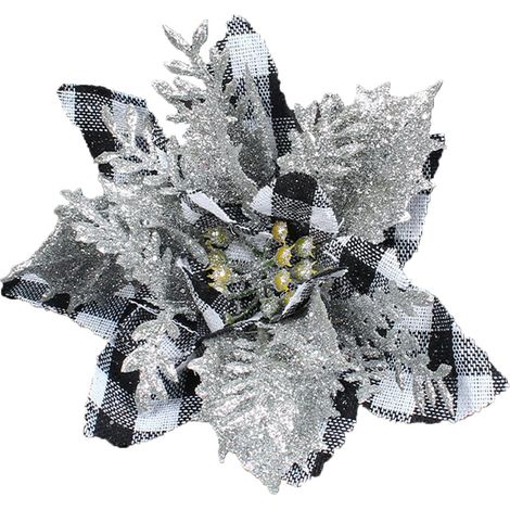 MINKUROW 12 Unidades De 14 Cm De Flores Artificiales De Navidad De Plástico, Coronas De Flores Artificiales A Cuadros De Búfalo, Decoraciones Navideñas (Blanco Y Negro) (1/3)