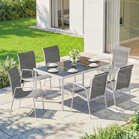 Gartenmöbel-Set mit Tischplatte aus gehärtetem Glas und 6 stapelbaren, atmungsaktiven Stühlen für die Terrasse, Grau