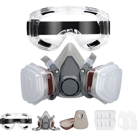 Masque de protection respiratoire réutilisable avec filtres et lunettes anti-poussière et anti-gaz pour peinture, poussière, particules, polissage, ponçage, soudage, bricolage et protection au travail