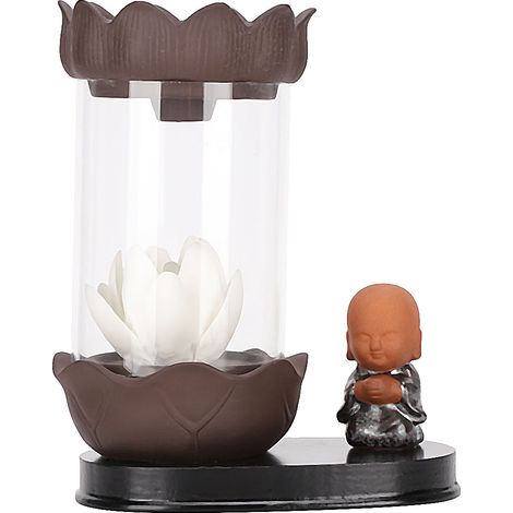 Petit moine blanc en résine avec lumière LED en forme de fleur, porte-encens décoratif pour maison, ornement de pare-brise et ambiance zen. (1/5)