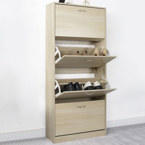 Scarpiera 4 Ante Ripiani Doppia Profondità con Maniglia Colore Olmo 63x24x150cm (1/5)