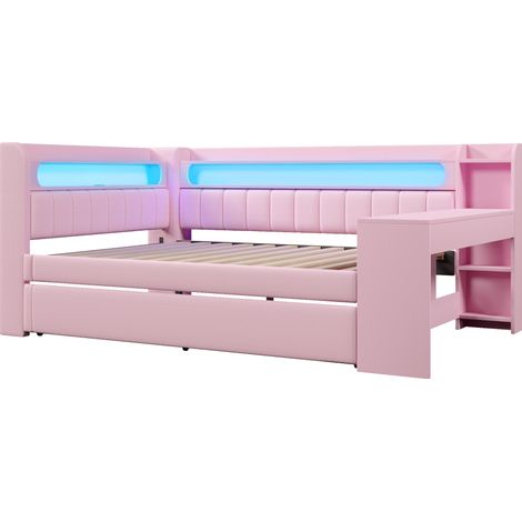 Cama diván tapizada 140 x 200 cm rosa con cama nido, escritorio, puertos USB y LED (1/5)