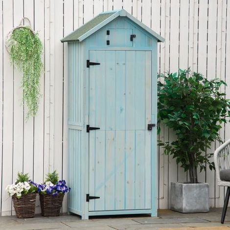 Cabinet de jardin 77x54x179cm avec étagères et fenêtres, toit asphalte, pour terrasse et jardin, bois bleu clair et vert