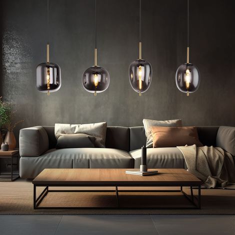 Pendelleuchte schwarz Glas Pendelleuchte Esszimmerlampe Hängeleuchte, 4 Flammig, Metall messing Glas rauchig, 4x E14 Fassungen, LxBxH 110x18,5x120cm (1/5)