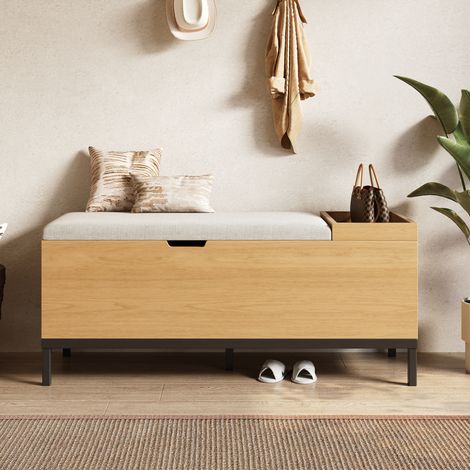 Banqueta de almacenamiento 115x40x49,5 cm con bisagras de seguridad, para entrada, salón y dormitorio, en MDF, natural