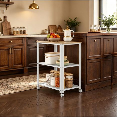 Carrello da cucina a 3 ripiani con ruote 60 x 40 x 76 cm bianco e rovere chiaro (1/5)