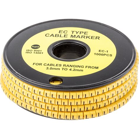 Repère câble , Ø câble 3  4.2mm, texte : L, Noir sur Jaune ( Prix pour Bobine de 1000 )