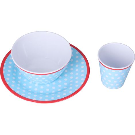 Ensemble de 3 pièces pour salade, fruits et collations : assiette, bol et tasse. À pois bleu clair. (1/5)