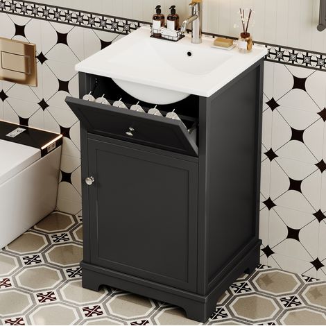 Mobile lavabo 51 cm con lavabo in ceramica, cassetto e vano portaoggetti, MDF, nero (1/5)