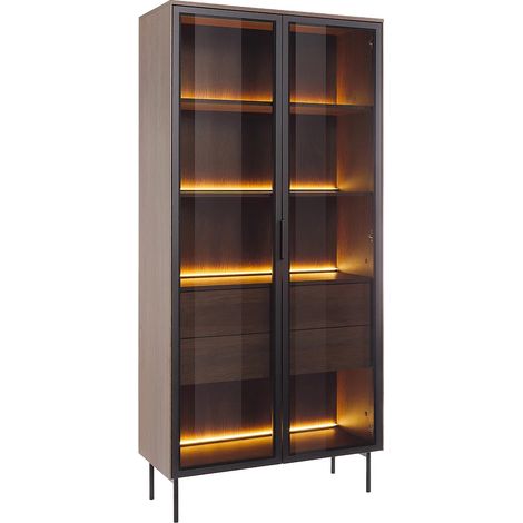 Vitrine 2 portes et 2 tiroirs avec LEDs en MDF et verre trempé - Naturel foncé et noir - FOGLERI (1/5)