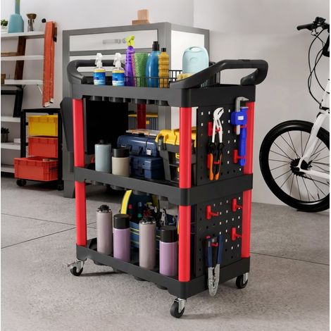 Chariot à outils 3 niveaux avec panneaux perforés, crochets et bac, noir et rouge DESVIAE (1/5)
