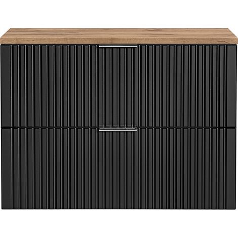 Waschtischunterschrank 80cm ADELAIDE-56-BLACK, matt schwarz mit Eiche Nb., gerillte Front, B/H/T ca. 80,6/59,2/46,5 cm (1/5)