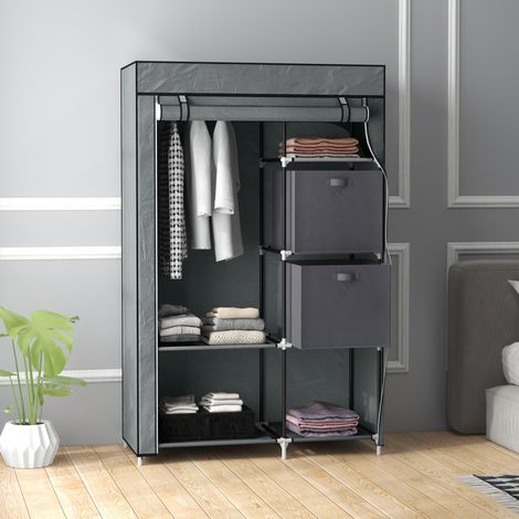 Armario de tela plegable con cajones y barra para colgar, gris oscuro, estructura de acero (1/5)