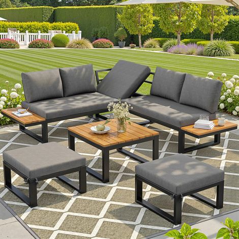Salon de jardin modulable 6 pièces avec dossiers réglables, table basse et poufs, métal et bois composite - gris (1/5)