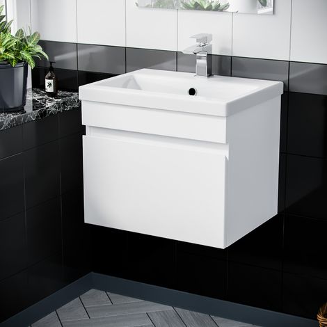 Hardie 500mm 1 Drawer White Wall Hung Vanity Cabinet and Basin Sink Unit (1/5)