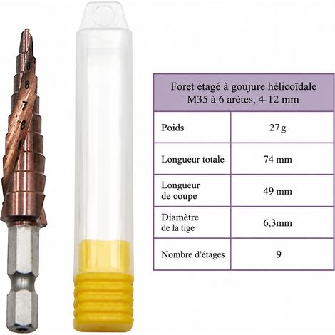 Foret étagé hélicoïdal en acier rapide 4-12 mm à queue hexagonale 4-12 27g 6.35 9 74 × 1,6 × 1,6 cm 27 g – Livraison gratuite