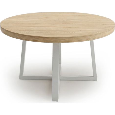 Mesa Redonda Extensible de Comedor 160cm, Roble y Blanco (1/5)