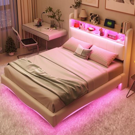 Lit 140x200 avec LED, USB et rangement tête Beige OKMYHOME (1/5)