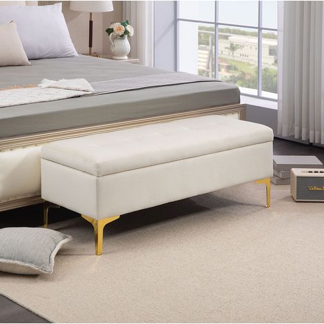 Banc de rangement rembourré 120 x 44 x 44,5 cm en polyester beige avec pieds en métal HAVRYA (1/5)