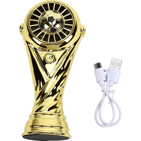 Ventilateur portable en forme de trophée de football, rechargeable par USB, 3 vitesses réglables, couleur or. (1/5)