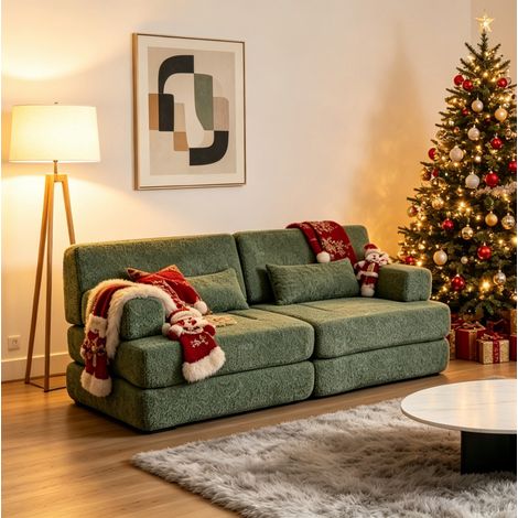 Modulares klappbares Schlafsofa aus grünem Chenille, platzsparend fürs Studio – MEUBLIV (1/5)