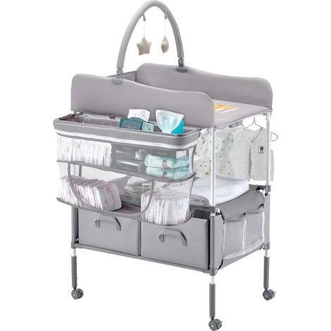 Table à Langer Pliable Bébé avec 2 Tiroirs Hauteur Réglable Roulettes Verrouillables Gris CT-07 (1/5)