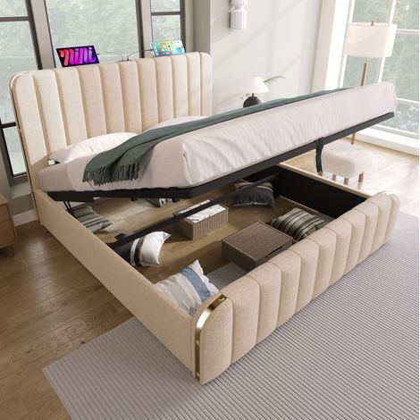 Letto matrimoniale 140x200 cm beige in lino con contenitore idraulico, USB e materasso (1/5)