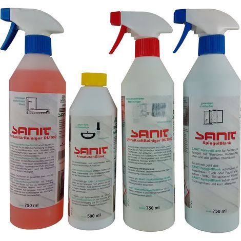Sanit Pflege-Set bestehend aus Pro-Sanitär-Reiniger DU100, Spiegel-Blank, Armaturen-Glanz und Ultra-Kraft-Reiniger DU3000