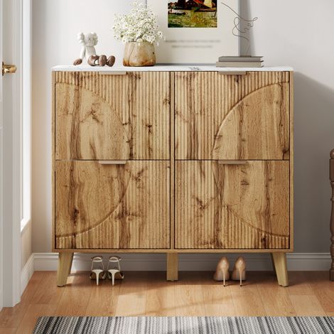 Scarpiera di design scandinavo - 105x24x95,5 cm - 4 ante ribaltabili 3D, ripiano effetto marmo e gambe in legno massello - Naturale (1/5)