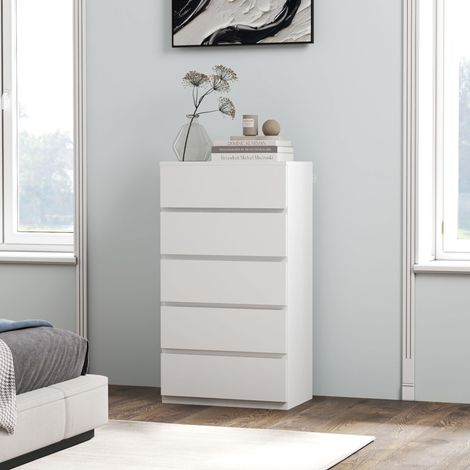 Cassettiera, credenza, cassettiera, 5 cassetti, 55 cm x 34 cm x 100 cm, bianca (1/5)