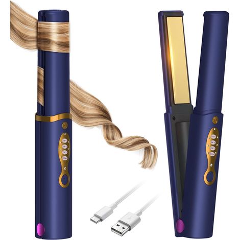 Fer À Lisser Sans Fil Titanium 2 EN 1,Lisseur Boucleur Cheveux 5000 mAh,Lisseur Cheveux de Voyage,Lisseur Cheveux Rechargeable Sans Fil,Hair Straightener,Fer à Boucler,170/190/210℃,Bleu (1/5)