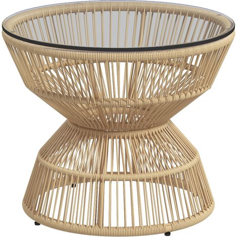 Beistelltisch für den Außenbereich aus PE-Rattan, Glasplatte, 60 x 60 x 50 cm, Naturfarbe, für Garten oder Terrasse