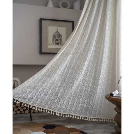 Lot de 2 rideaux vintage bohème, style maison de campagne, crochet, beige, avec pompons, en coton, lin, pour l'extérieur, le salon, la chambre à coucher, 150 x 180 cm (1/5)
