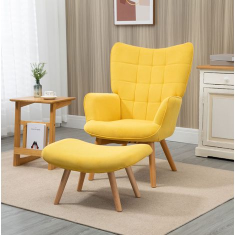 Fauteuil relax avec pouf jaune, fauteuil crapaud à oreilles, revêtement tissu effet corduroy, pieds en bois de hêtre, dossier tufté confortable CHICFURN (1/5)